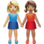 Emoji Due donne che si tengono per mano: carnagione abbastanza chiara e carnagione olivastra su Apple
