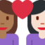 Emoji Coppia con cuore: donna, donna, carnagione abbastanza scura e carnagione chiara su X / Twitter